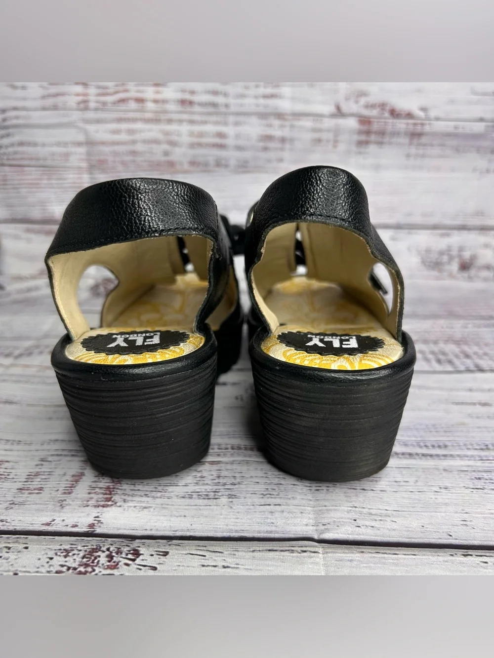 Fly London Lace Up Wedge Sandals Black Leather Women’s Size US 8-8.5/ EU 39